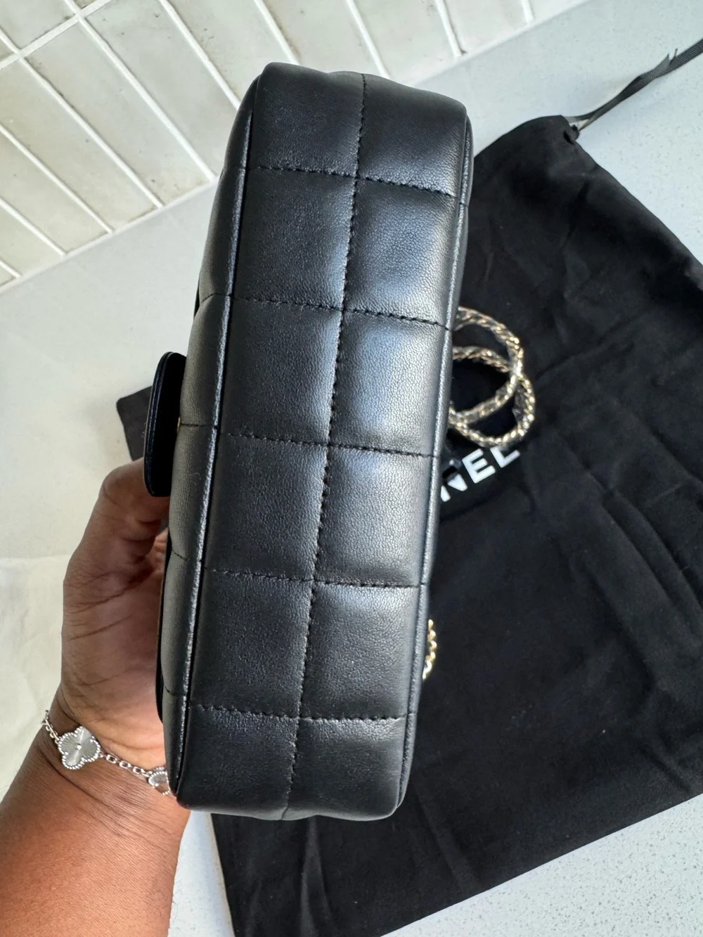 Authentic  CHANEL Mini Chocolate Bar Camellia Chain Lambskin Shoulder Bag